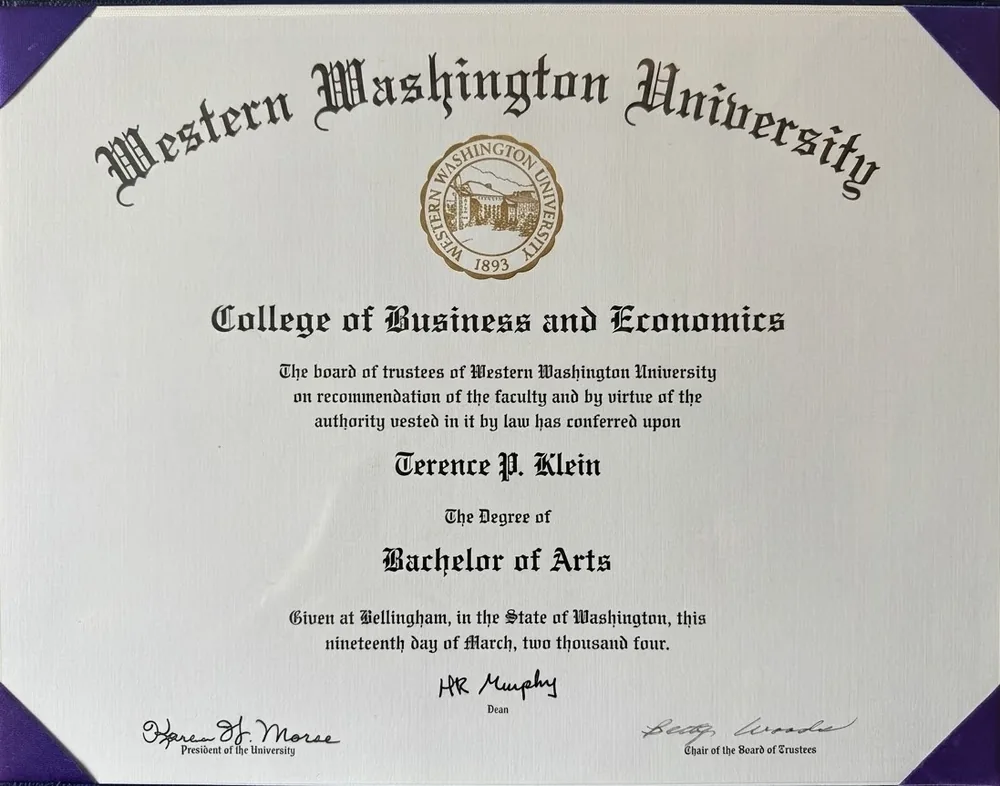 Western Washington University diploma, Bachelor of Arts, College of Business and Economics, March 2004